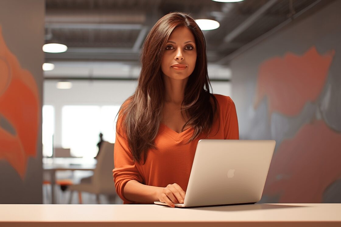 woman with laptop in empty office